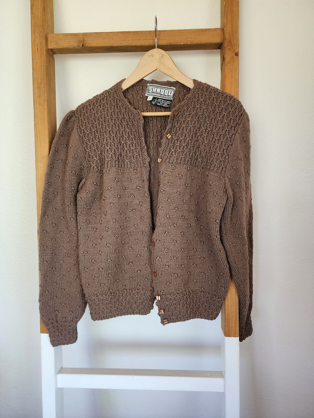 Vintage Shadow New York Hand Knit 100% Wool Cardigan Sweater Large Brown Uruguay